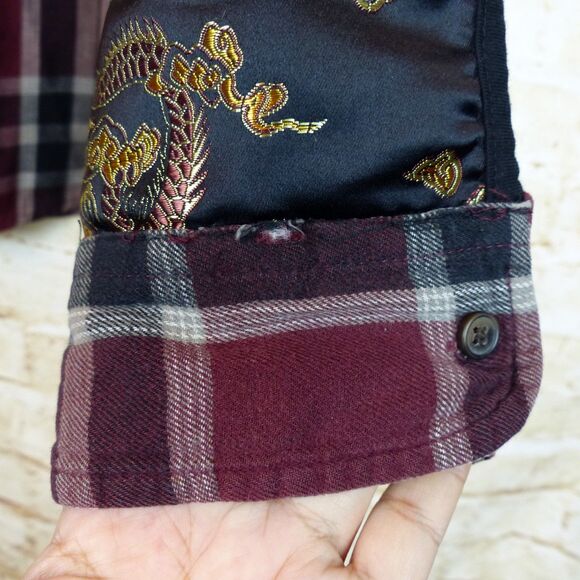 Furst of A Kind Shirt L/XL Plaid Flannel Dragon Satin Sleeves Mixed Media Button - Picture 10 of 15